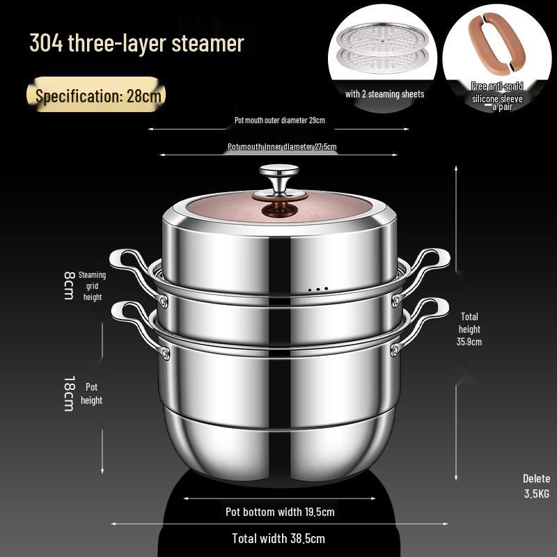 Three-Layer 304 Steel Steamer Pot with Large Capacity for Multi-Functional Cooking