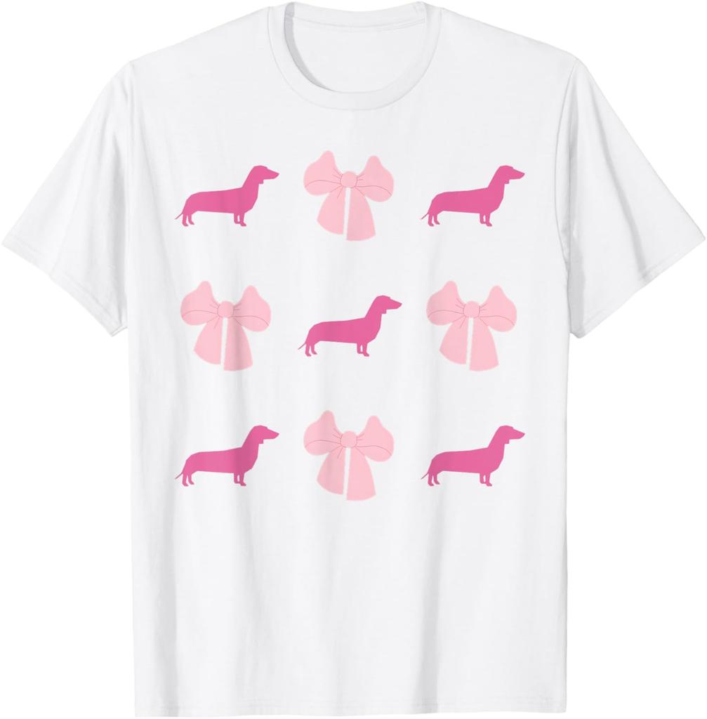 Pink Dachshund Bow Pattern Graphic Tee Cute Wiener Dog Lover Short Sleeve T-Shirt