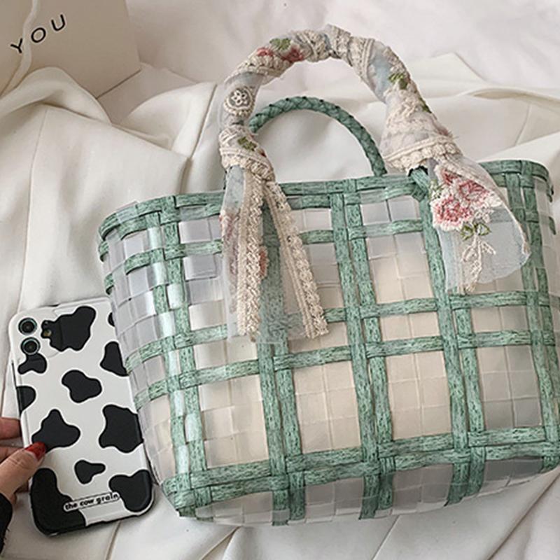 Yogodlns Summer Women Lace Bow Transparent Handag Large Capacity Beach Casual Woven Shopping Basket Tote Bag
