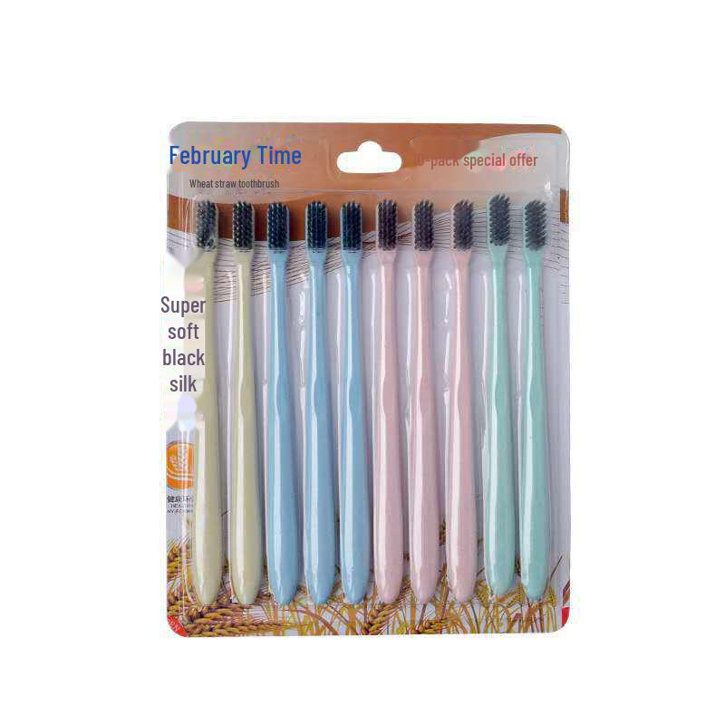 10-Pack Wheat Straw Bamboo Toothbrushes with Soft Charcoal Bristles, Ideal for Couples.