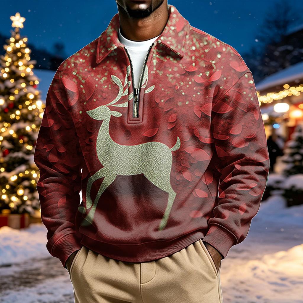 Men's Casual Christmas Print Collared Long Sleeve Pullover Sweatshirt
