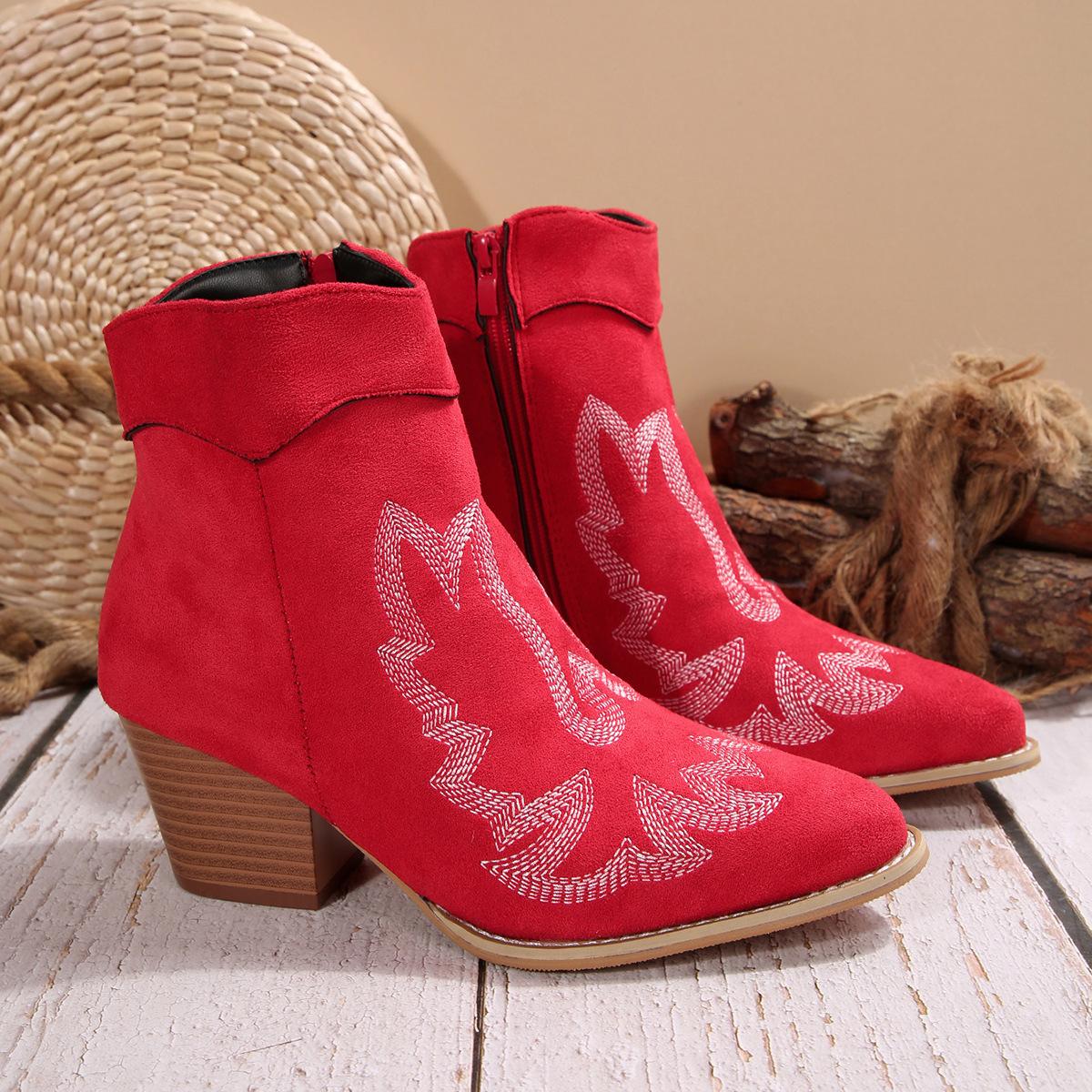 

Western Boots for Women Lace Up Women s Thick Heel Pointed Toe Ankle Boots Pu Slim Short Boots Embroidered Botines Para Mujeres 36 красный