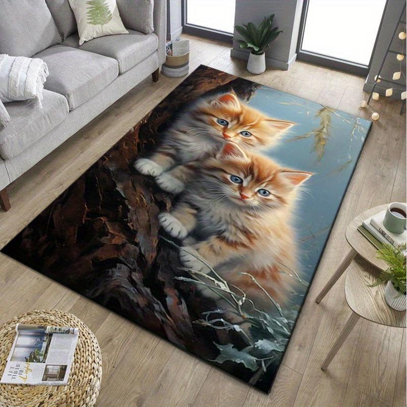 Cute kitten tree branch rug for children s room playful cat design floor mat Anti slip carpet can be machine washed