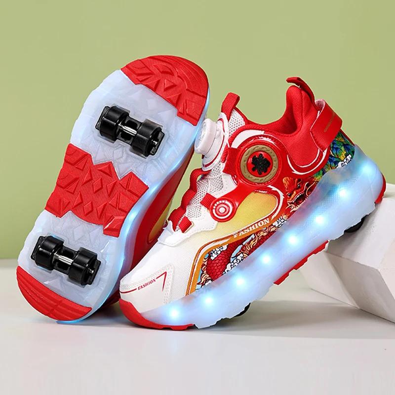 Children Four Wheels Luminous Glowing Sneakers Black Pink Led Light Roller Skate Shoes Kids Led Shoes Boys Girls USB Charging