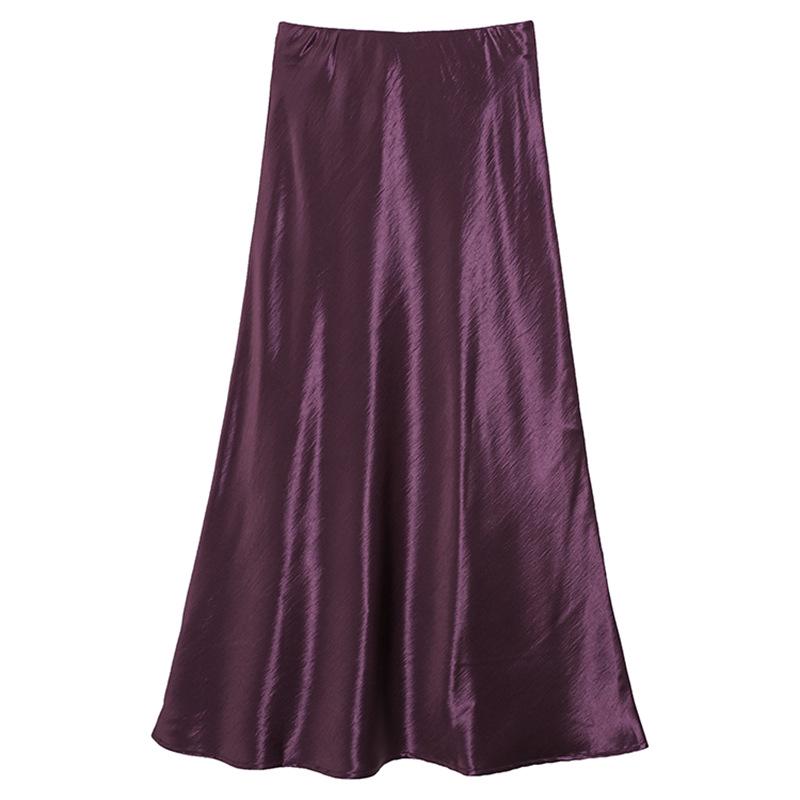 Французька спідниця міді А-силуету з атласу з високою посадкою для жінок - Осіння колекція