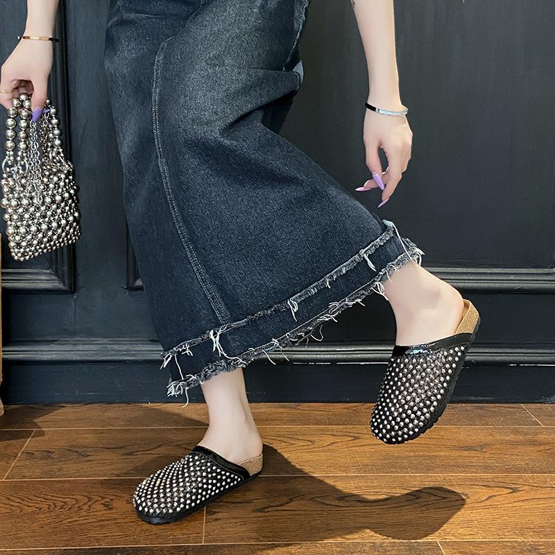 2025 summer rhinestone full diamond slippers breathable fishing net hollow bag head half slippers wear flat sandals