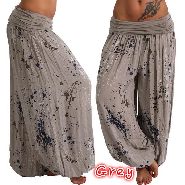 Women Casual Boho Print Pants Wide Leg Pants Loose Pocket Button Pants