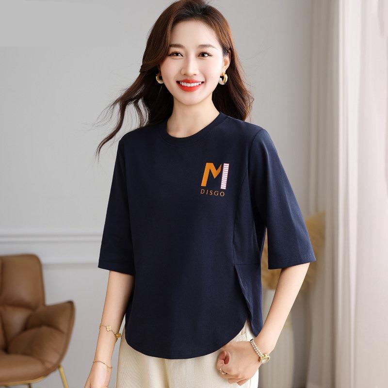 High-quality pure cotton medium-sleeved top women's seven-quarter-sleeved high-end summer thin loose women's short-sleeved t-shirt bottoming shirt