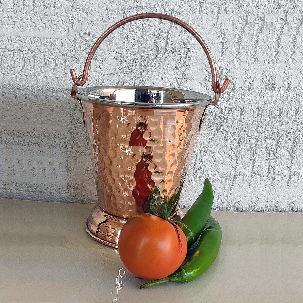 Steel Copper Hammered Design Bucket, Serveware & Tableware for Home, Hotel & Restaurants, Volume-400 ML, Set of 6