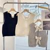 Women Knitted Vest Round Neck Sleeveless Crop Tank Back Bow Tie Decor Hollow Back Solid Color Sweater Vest