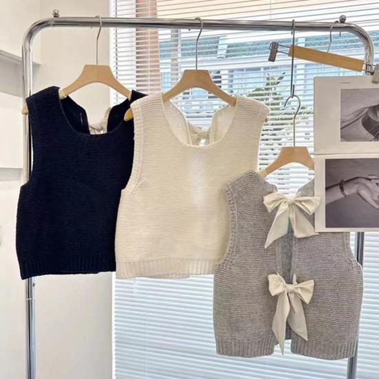 Women Knitted Vest Round Neck Sleeveless Crop Tank Back Bow Tie Decor Hollow Back Solid Color Sweater Vest