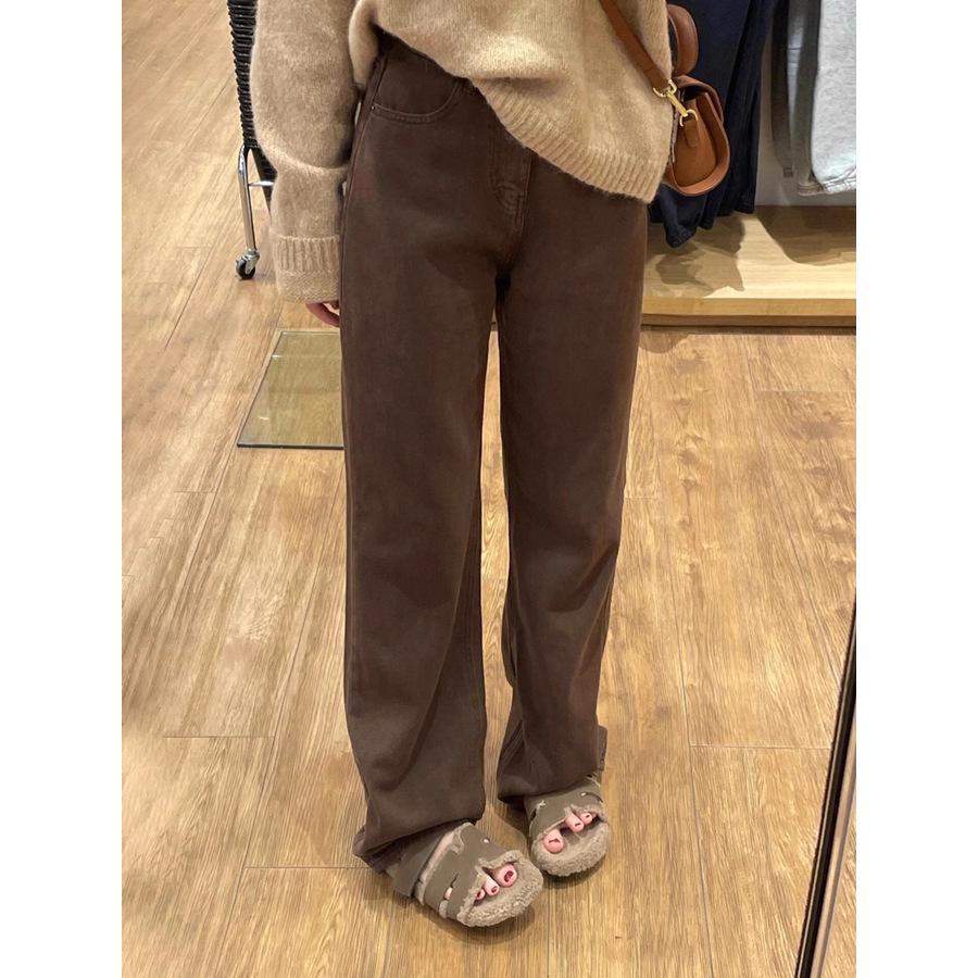 Melanoid Brown High Waist Wide-Leg Jeans for Women - Autumn/Winter Velvet Lined Floor-Length Pants