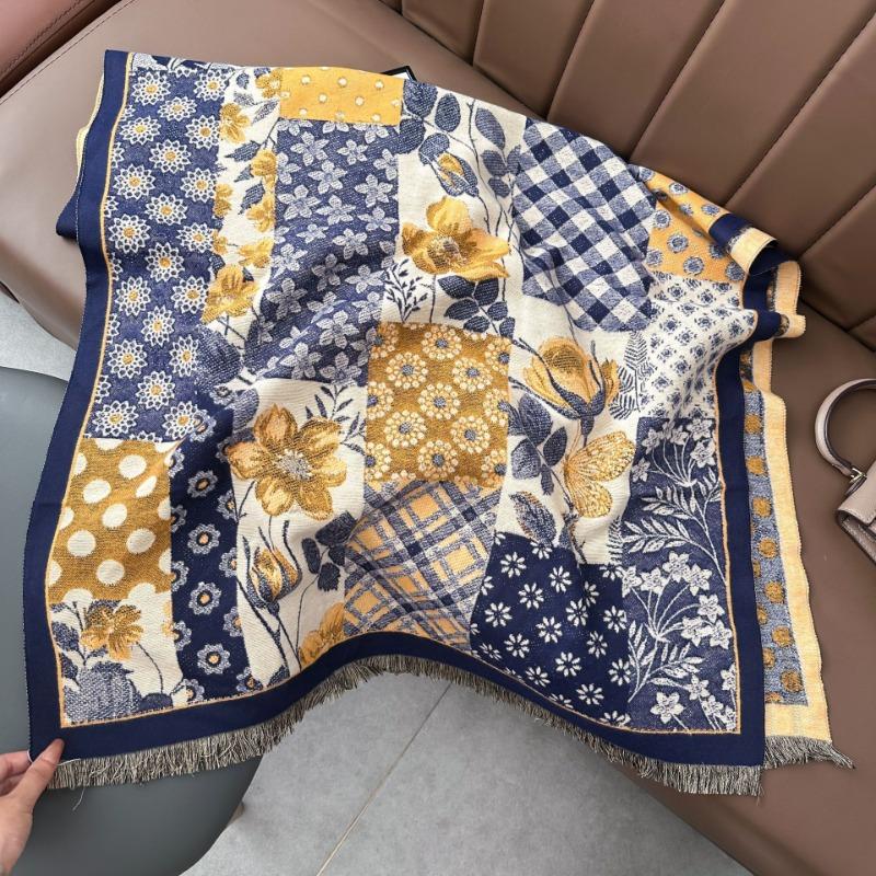 Autumn and winter new imitation cashmere scarf thickened and lengthened flower scarf retro shawl dual-purpose outer fit