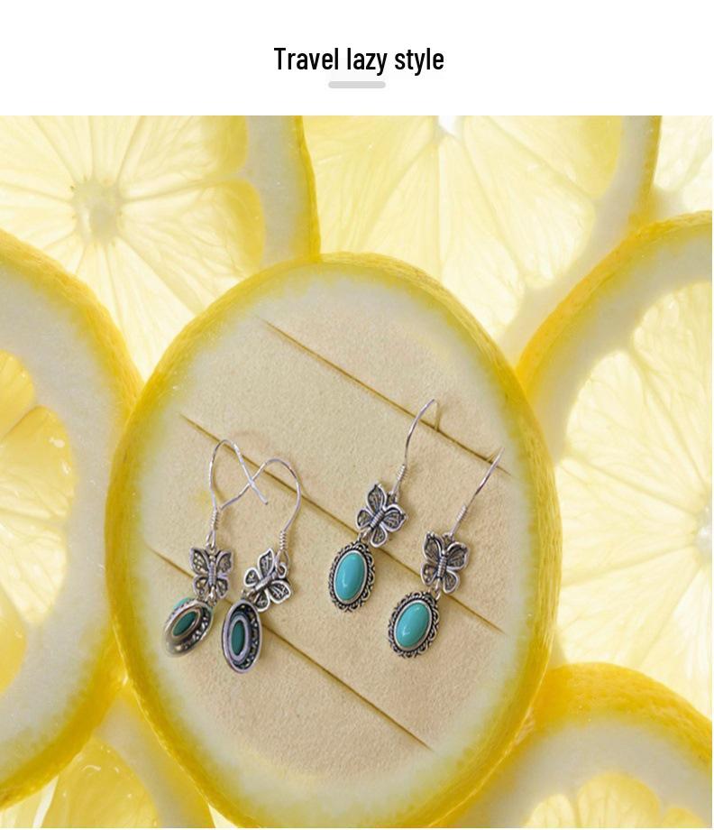 S925 Sterling Silver Natural Turquoise Retro Butterfly Earrings