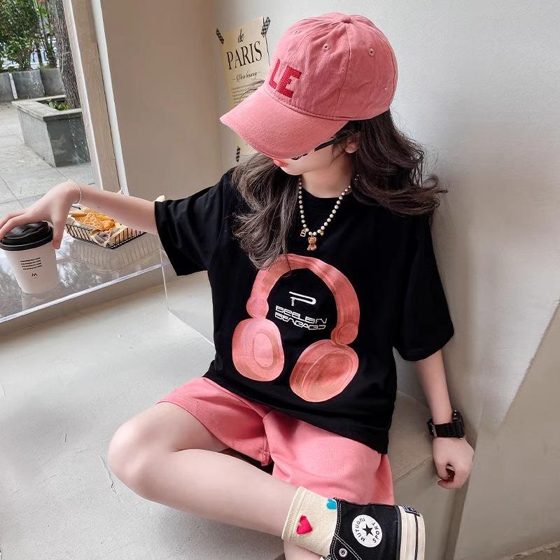 Girls Summer T-Shirt Short-Sleeved Suit Korean Version of The Casual Summer Sports Children's Short-Sleeved + Shorts Two-Piece