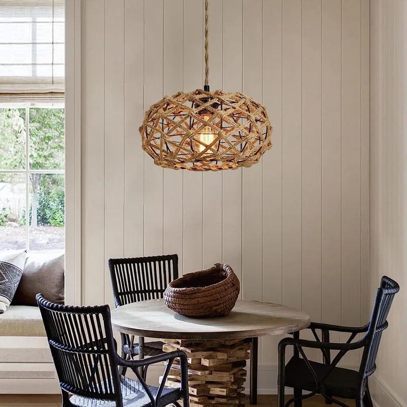 Personality Boho Style Retractable Rattan Ceiling Pendant Light With Dimmable Switch Bamboo Light Fixture Kitchen Island Lamp