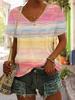 Women's Elegant, Fashionable and Casual Knitted Fabric Fully Covered with Colorful Patchwork Printed V-neck Short-sleeved T-shirt