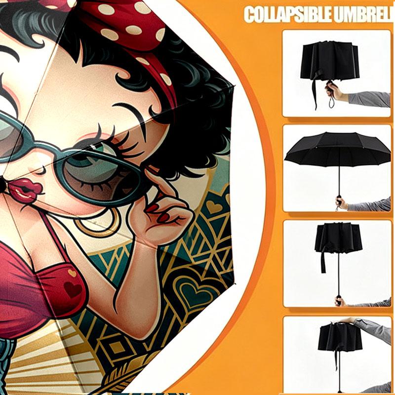 Spersonalizowany Parasol z Nadrukiem Betty Boop z Imieniem, Automatyczne Otwieranie i Zamykanie, Wytrzymały Stelaż z 8 Żebrami, do Codziennego Użytku, na Kemping i Piesze Wycieczki, Prezent Urodzinowy
