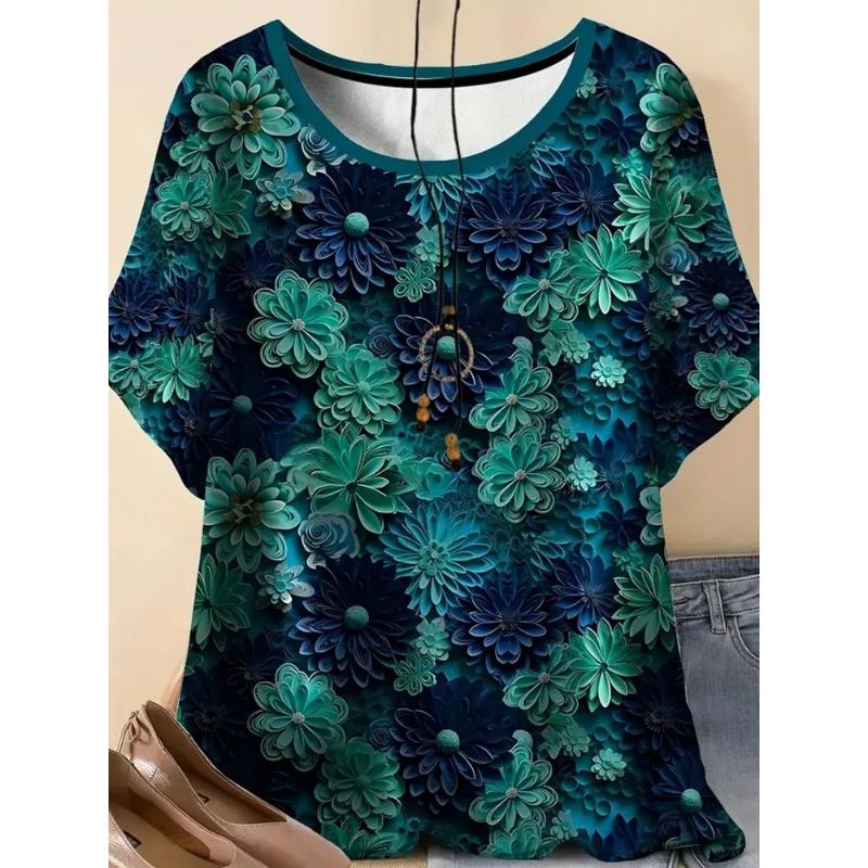 Fashion Women's Flower Short Sleeve Crew Neck T-Shirt 3D Flower Color Printing Tops Daily Wear