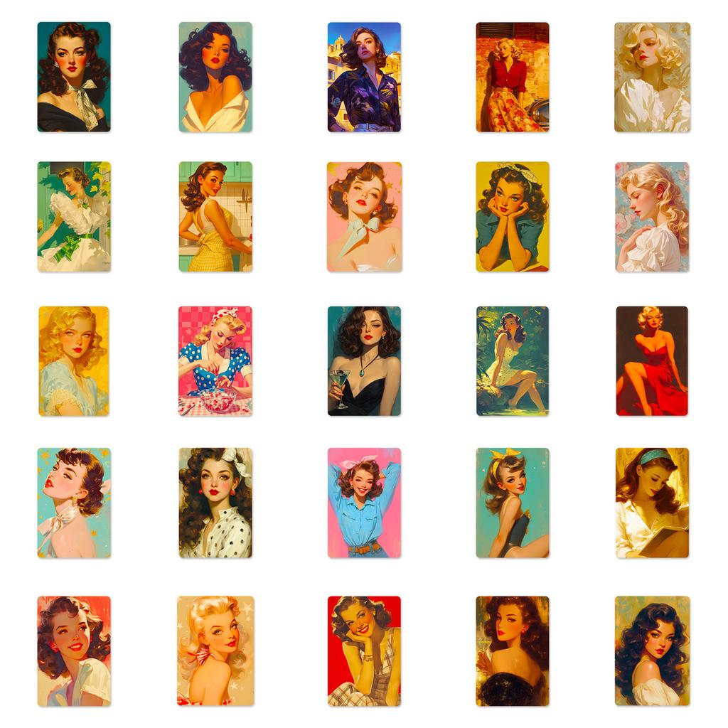 Sada 50 ks retro samolepek s pin-up dívkami, vintage americké sexy lady graffiti nálepky na dekoraci
