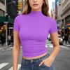 Dames T-shirt met korte mouwen, slank gesneden, met opstaande kraag, rekbaar, lichtgewicht, ademend, basic top voor dagelijks gebruik