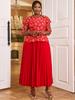 Red Lace Pleated Dress Women O Neck Half Sleeve High Waist Ankle Length Evening Cocktail Event Gown Dress