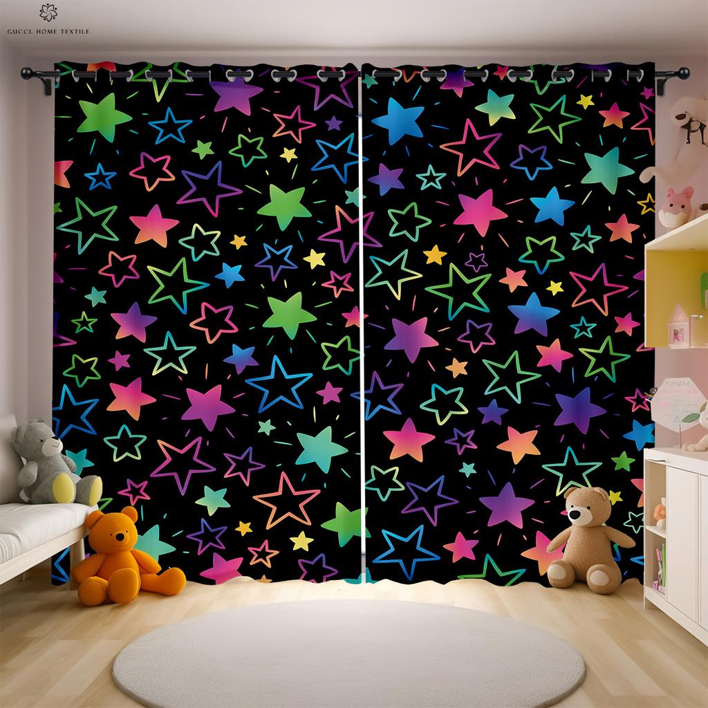Cartoon Stars, Moon And Clouds Printed Curtains For Children's Room Decoration Curtains Polyester Fiber Easy To Wash And Care