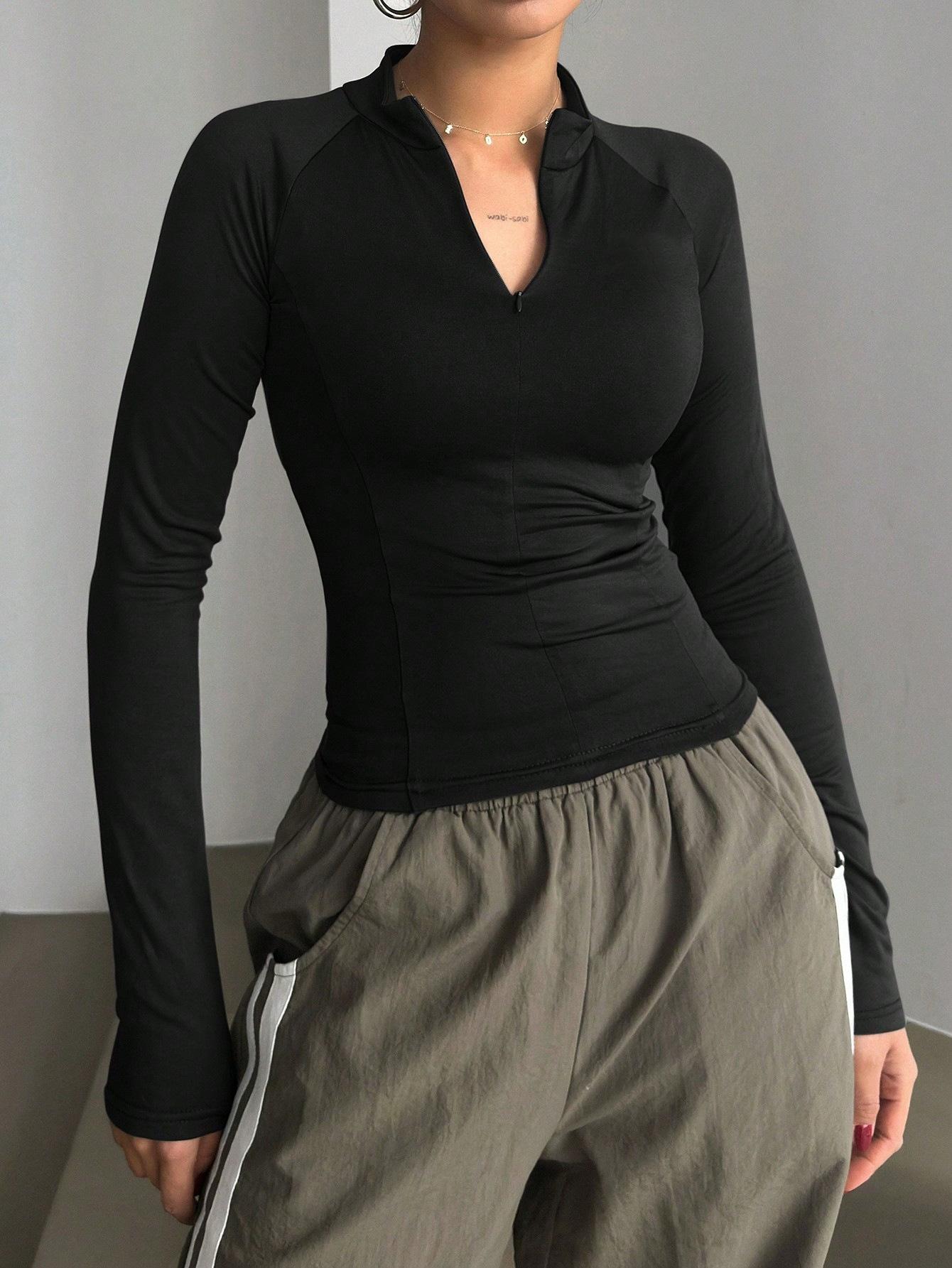 

Women s Fashion Casual Sports Style Long-Sleeved Solid Color Half-Open Collar Short T-Shirt Tops XL