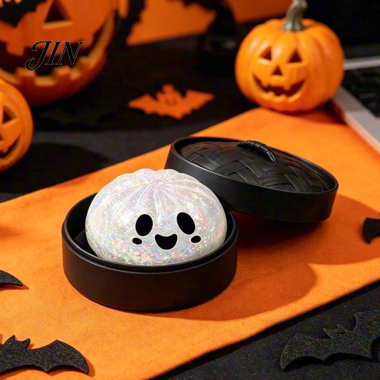 Steamed Bun Sensory Toy Halloween Dumpling Squeeze with Steamer Box, Pumpkin Ghost Bat Stress Relief for Relief, Party Favors Kids