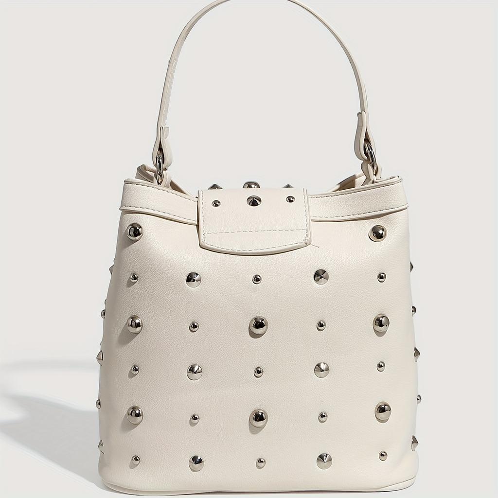 Riveted Carry-on Bag Large Capacity, White Leather Single Shoulder Bag, Fashionable Zipper Chain Diagonal Cross Bags