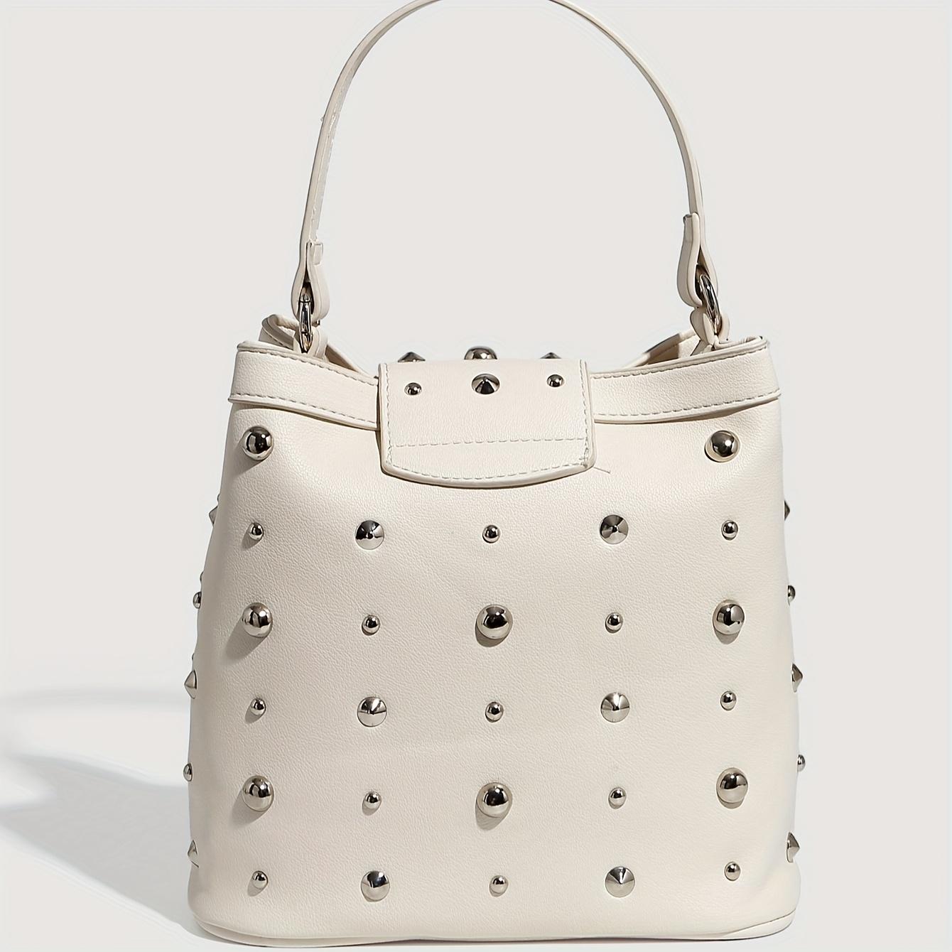 

Riveted Carry-on Bag Large Capacity, White Leather Single Shoulder Bag, Fashionable Zipper Chain Diagonal Cross Bags белый