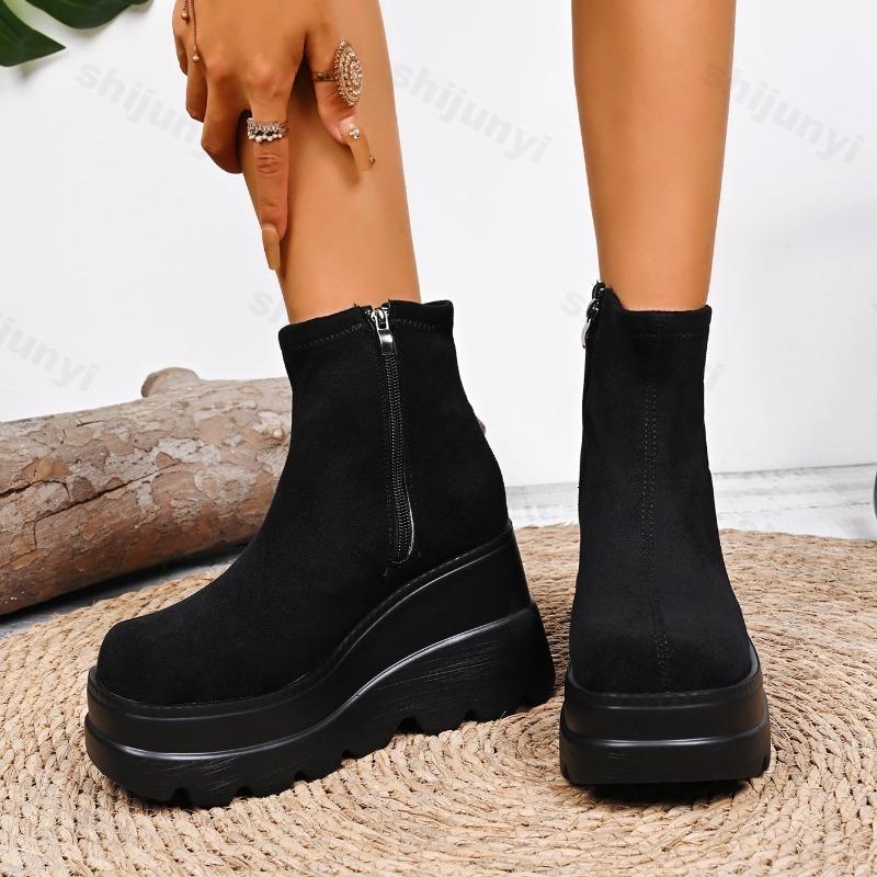 Autumn New Concise Fashion Designed Wedge Heel Short Boots for Women's Comfortable Versatile Suede Thick Soled Short Boots