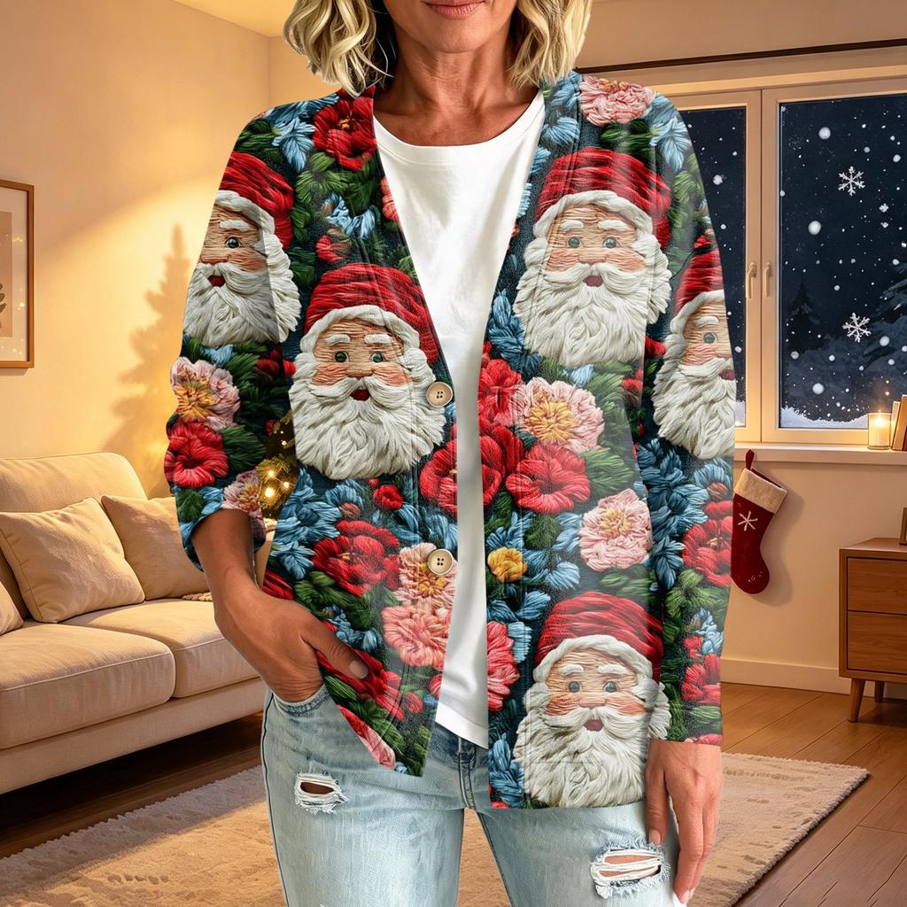 Women's Casual Christmas Print Button Jacket, Outerwear for Holiday Parties and Daily Wear