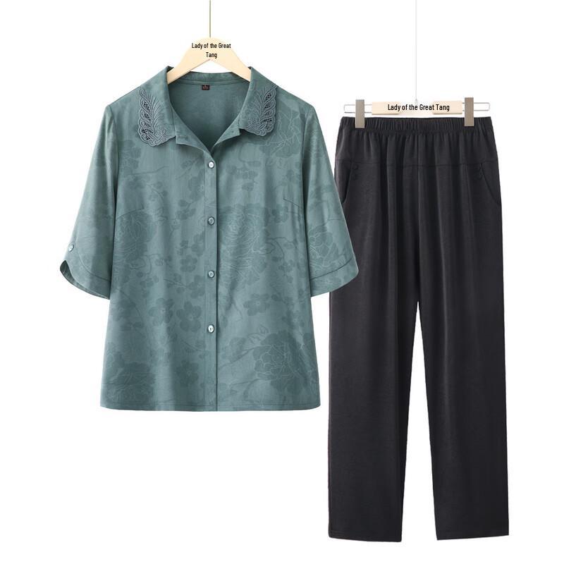Elderly Women s Summer Breathable Lapel Shirt & Pants Set XL