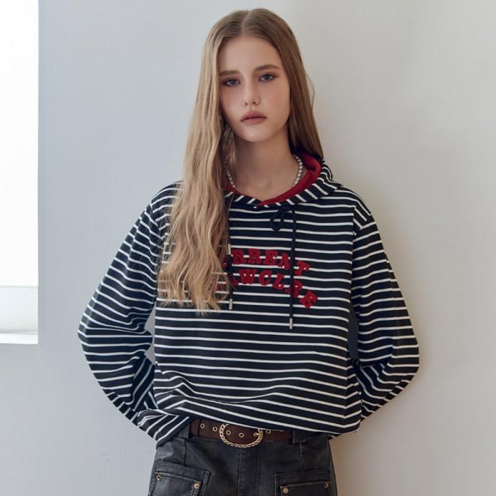 Maxza STripe Embroidery LeTTering Hooded T shirT ze10qT014na blacks/FREE