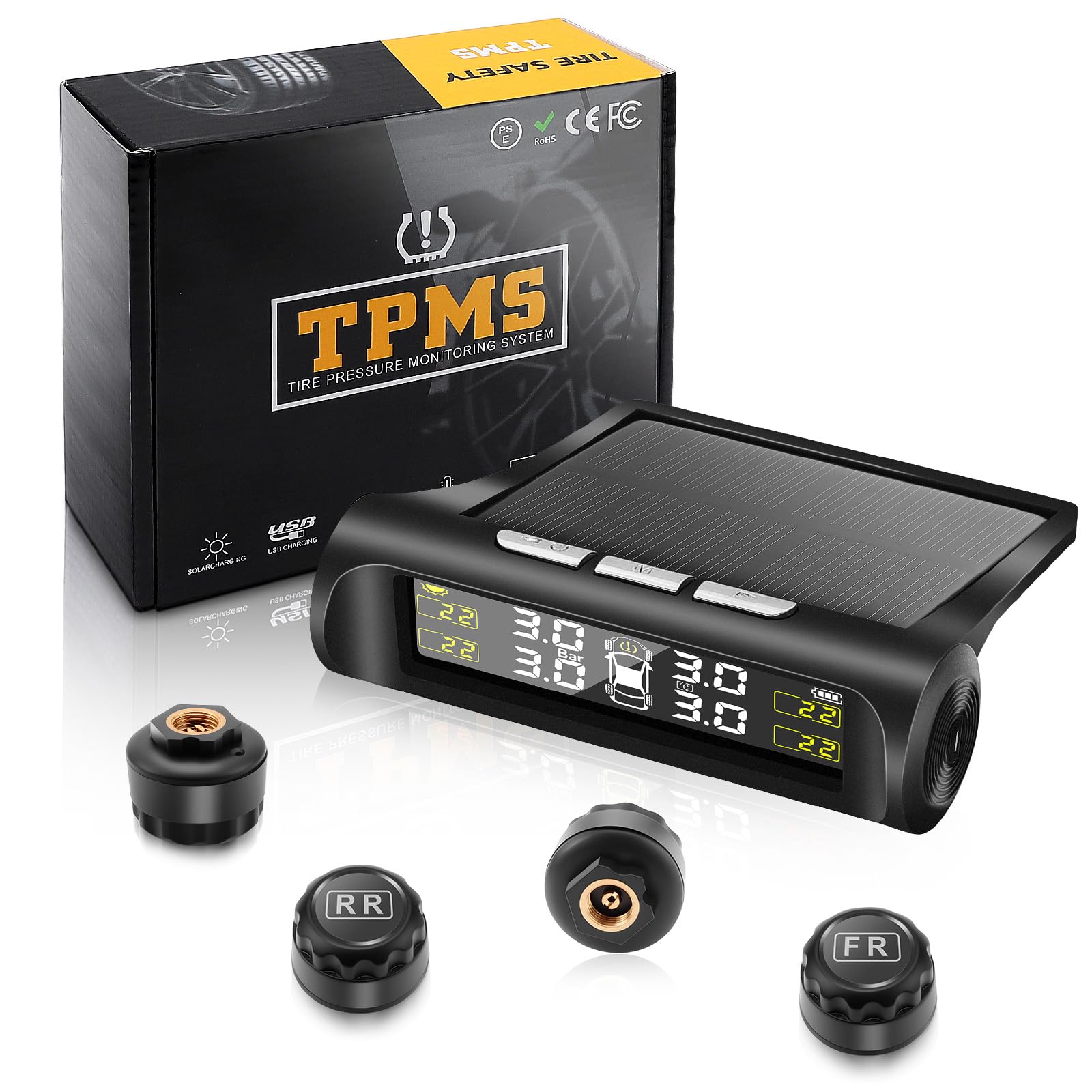 

Avutrel Tire Pressure Monitor, TPMS Tire Pressure Sensor, Car, 5 Alarms, Solar / USB