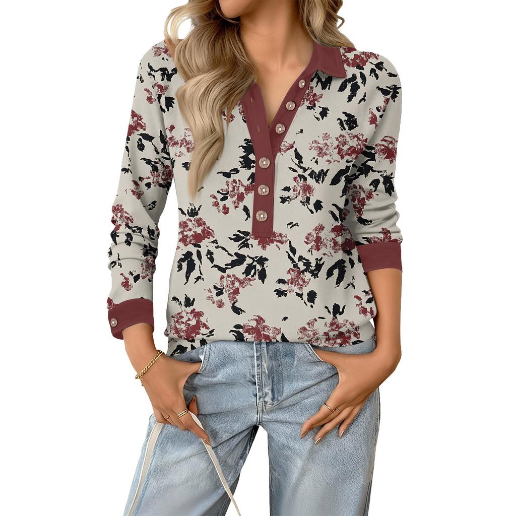 Women's relaxed V,neck long,sleeved button,down floral pullover top