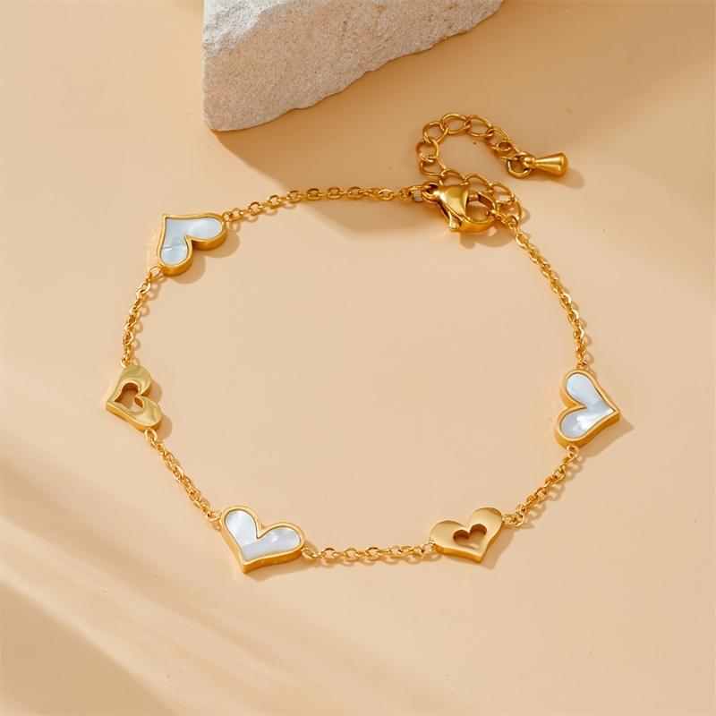 Gold Tone White Shell Heart Charm Bracelet – Dainty Stainless Steel Romantic Jewelry for Women, Adjustable Love Gift
