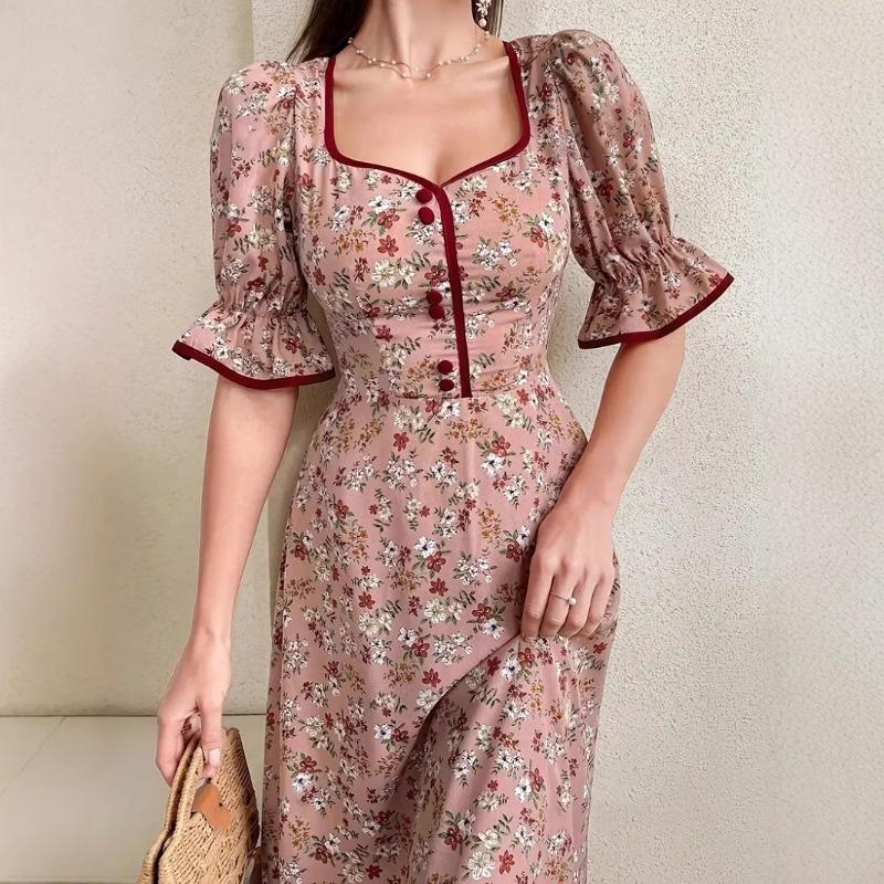 Women's Summer French Dress Floral Waist Dress with Puffy Sleeves