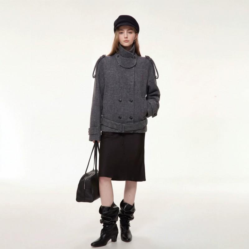 Oakland Vintage Womens Wool Blend Coat Loose Fit Stand Collar Single Breasted Belted Casual Outerwear