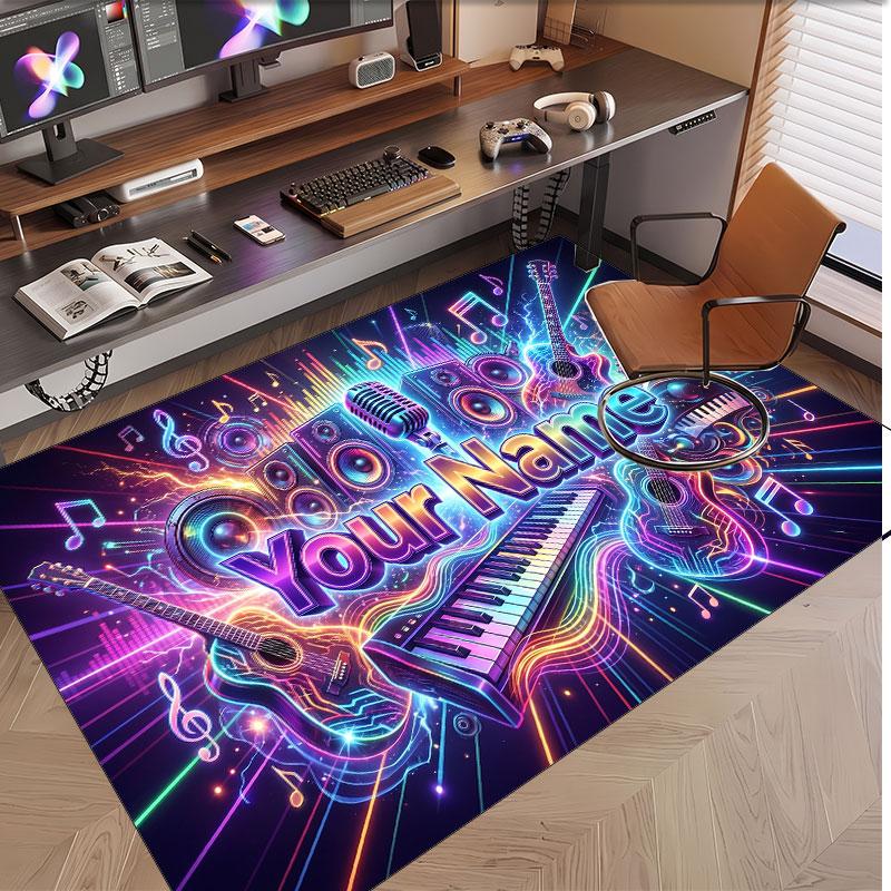 Alfombra de Terciopelo de Cristal Suave con Tema General de Música, Impresión de Nombre y Texto Personalizados, Alfombra de Suelo Antideslizante para Dormitorio Sala de Estar