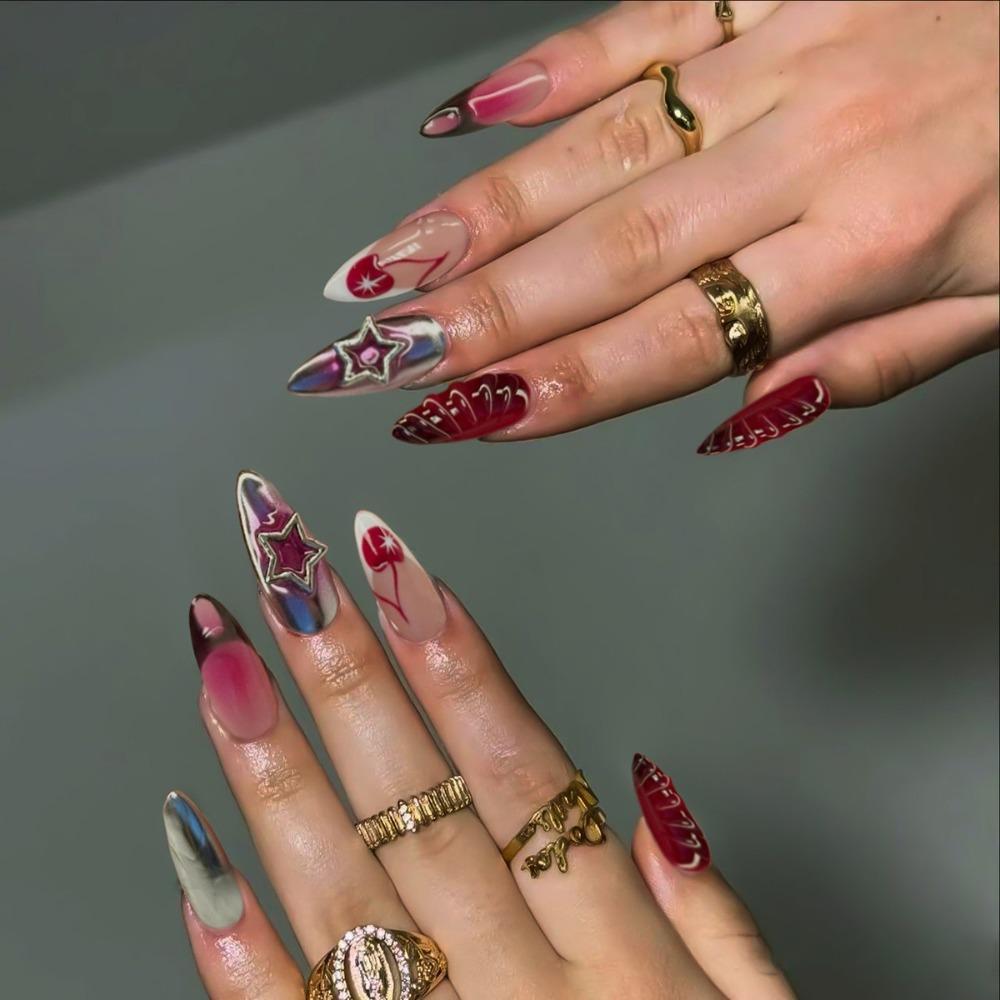 24pcs Manicure Long Almond False Nails Simple Cherry Color Fake Nials French Detachable Press on Nails Women