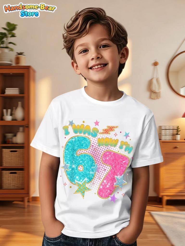67 Meme T-Shirt for Kids 6-7 Years Old Birthday Party Gifts Summer Short Sleeve Tees Crew Neck Graphic Y2k Children's Clothing