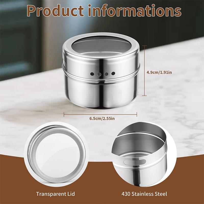 Magnetic Spice Tins Stainless Steel BBQ Spice Container Storage Box with Transparent Lid Kitchen Seasonings Herbs Spices Jars