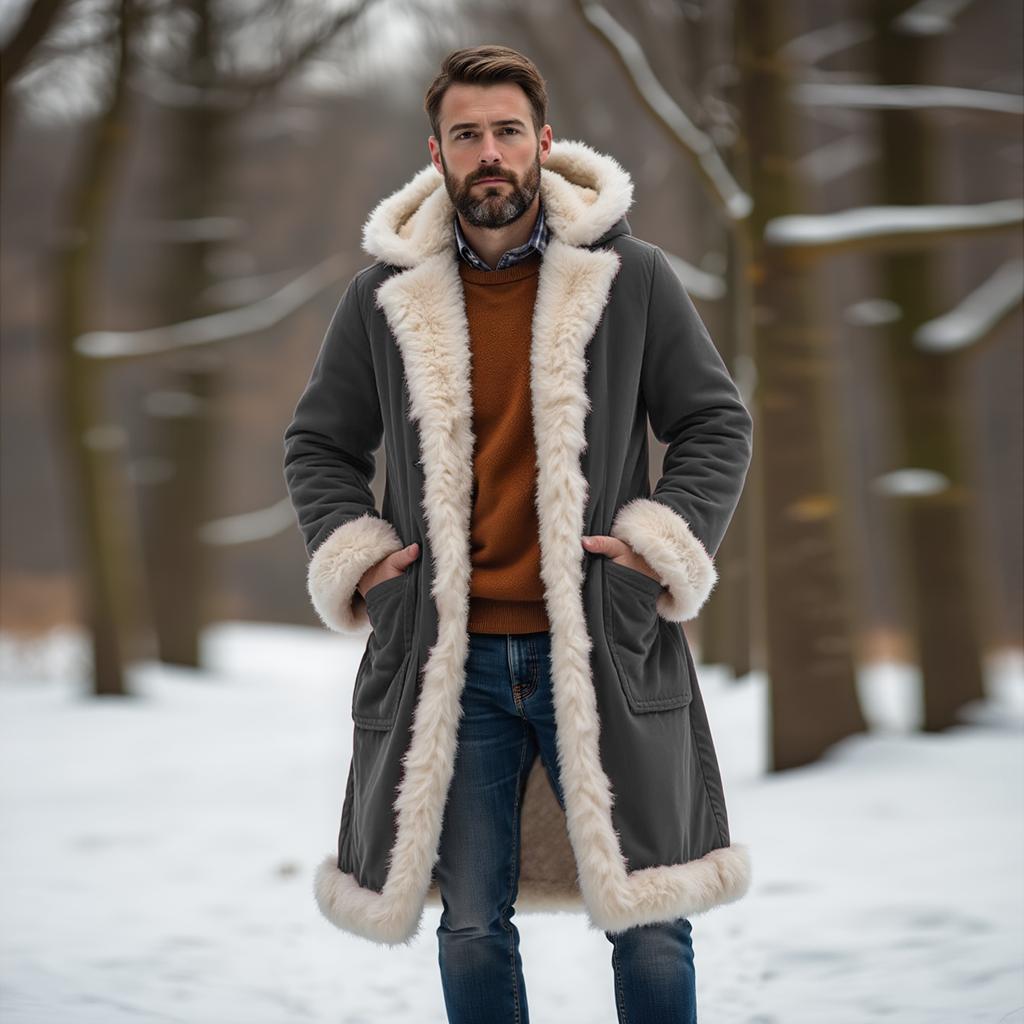 Men Fleece Lined Trench Coat Hooded Long Warm Jacket Wind Proof  Jacket Coat With Pockets