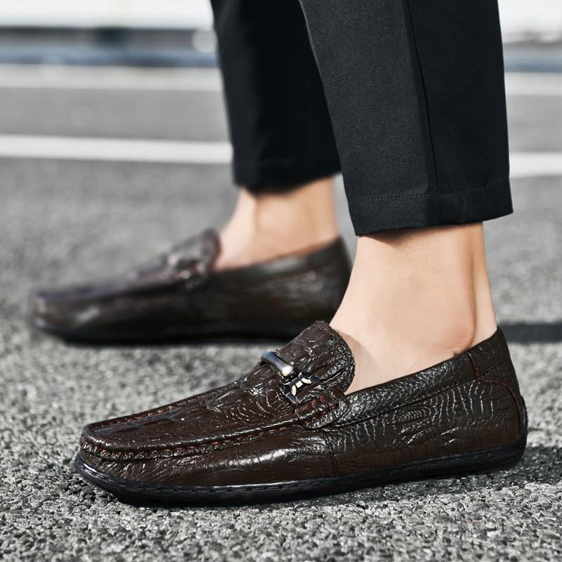 Mens Loafer Slip-On Shoes Genuine Leather Crocodile Texture Comfortable Casual Flat Winter
