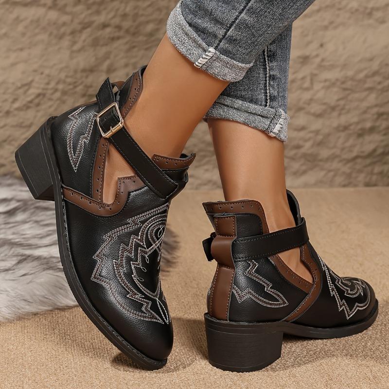 1 Pair Women'S Western Cowboy Boots - Chunky Mid-Heel Square Toe with Buckle Strap Closure, Black Synthetic Cover & Rubber Sole