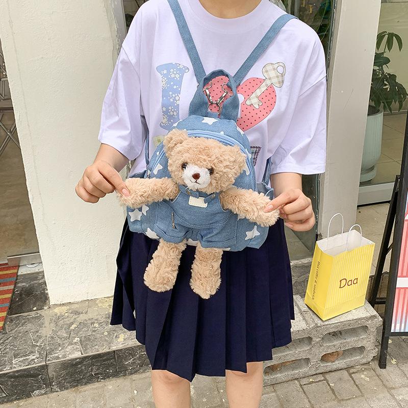 Schoolbag Retro Denim Three-dimensional Bear Backpack Soft Cute Girl Travel Backpack Campus Versatile Star Print Leisure Bag