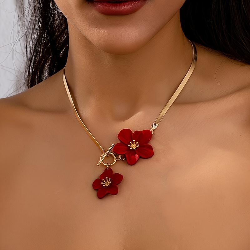 Women's Golden-Tone Double White Floral Pendant Necklace - Elegant Minimalist Chain Jewelry for Daily Wear & Parties, Versatile Year-Round Accessory,