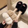 8Cm warm fluffy double strip versatile one-word slippers women's thickened fashion manufacturer round head flat-bottomed cotton slippers